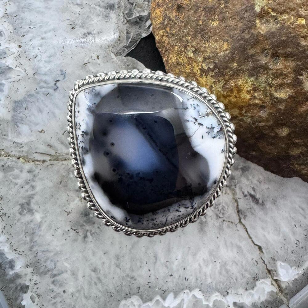 Sterling Silver Southwestern Style Teardrop Dendrite Agate Ring Sz 7.5 For Women